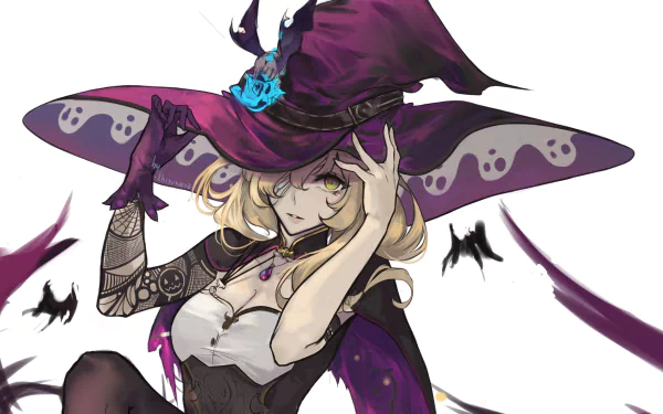 HD desktop wallpaper featuring Lisa from the video game Genshin Impact, dressed in her witch attire with a large purple hat and mystical accessories.