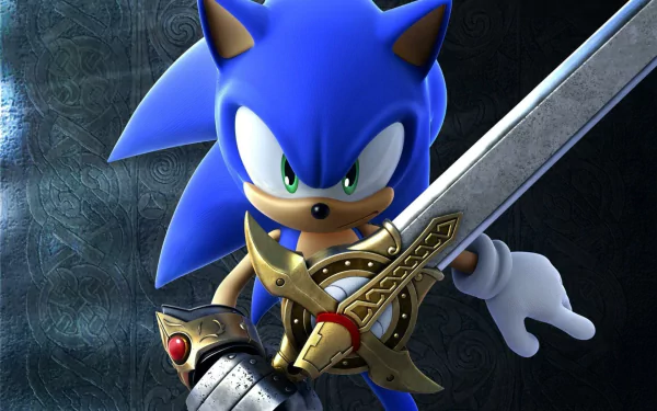 HD PC desktop wallpaper featuring Sonic the Hedgehog wielding a detailed sword from the video game Sonic and the Black Knight.