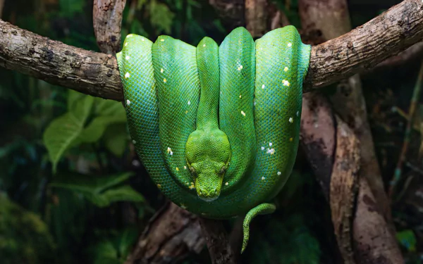 A vibrant green python coiled around a tree branch in a lush, natural setting, captured in stunning 4K Ultra HD quality for a striking reptile wallpaper background.