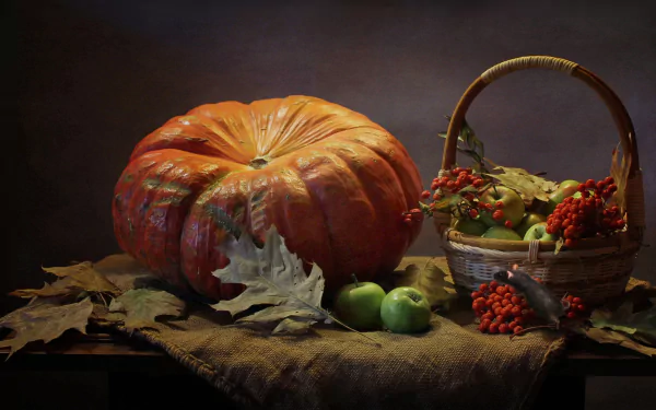 rodent rowan burlap still life pumpkin apple basket berry Animal mouse HD Desktop Wallpaper | Background Image