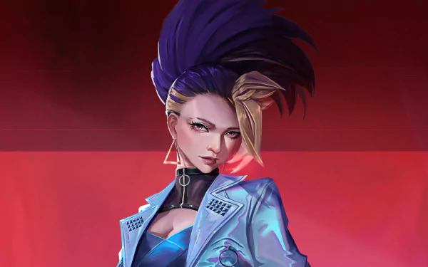 4K Ultra HD PC wallpaper of K/DA Akali from the video game League of Legends — neon-lit portrait with purple-blond hair, edgy jacket, and intense gaze against a red backdrop.