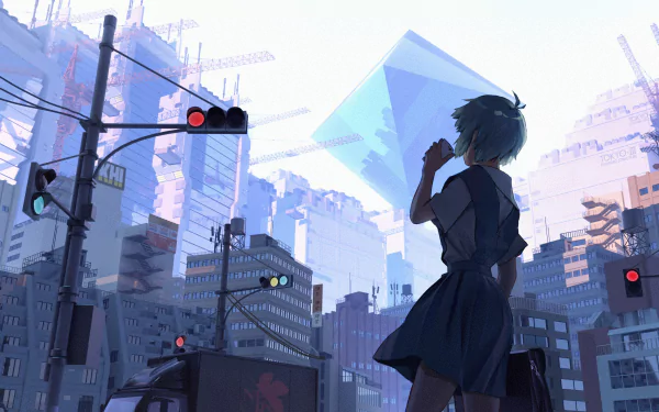 A high-definition desktop wallpaper featuring Rei Ayanami from Neon Genesis Evangelion, standing in an urban setting under a futuristic sky with tall buildings and street lights.