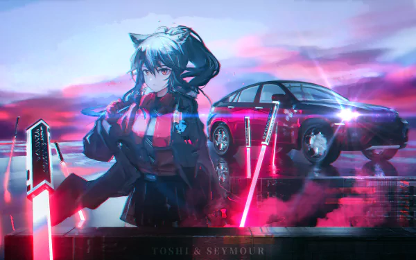 HD PC desktop wallpaper featuring Texas from the video game Arknights, with a sleek car and neon-lit urban background blending futuristic and anime styles.