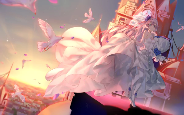 5K Ultra HD PC wallpaper of Bronya Zaychik (Honkai Impact 3rd) in a flowing white dress with long white hair, surrounded by white doves above a glowing sunset cityscape.