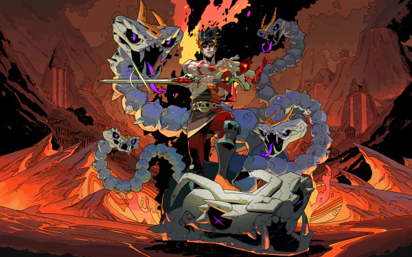 HD PC desktop wallpaper featuring Zagreus from the video game Hades in a fiery, intense underworld setting with vibrant, dynamic artwork.