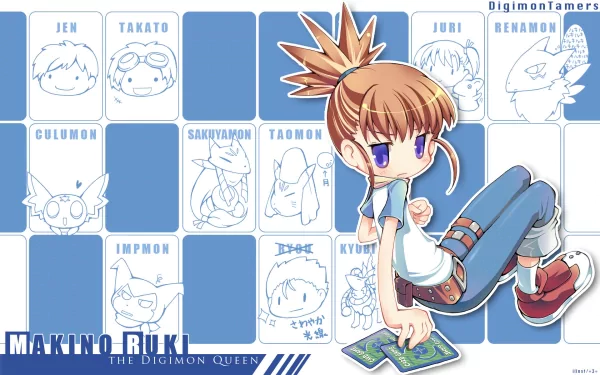 HD anime-style Digimon wallpaper featuring Makino Ruki from Digimon Tamers, surrounded by sketches of various Digimon characters and their names.