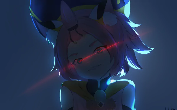 HD PC desktop wallpaper featuring Diona from Genshin Impact with glowing blue eyes and pink hair in a dark, atmospheric style.