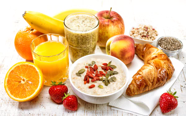 still life oatmeal croissant fruit juice food breakfast HD Desktop Wallpaper | Background Image