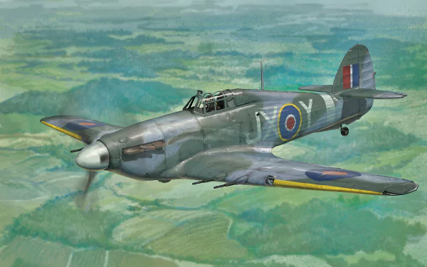 HD PC desktop wallpaper of a military Hawker Hurricane warplane aircraft flying over patchwork green countryside, RAF roundels on fuselage and wings.