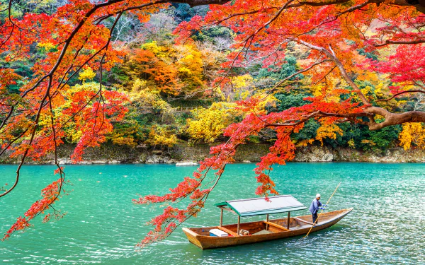 A serene 4K Ultra HD view of Arashiyama park’s vibrant fall foliage over a turquoise lake in Kyoto, Japan, with a boat gently floating in the water.