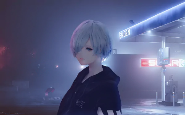 An 8K Ultra HD anime wallpaper featuring a girl with silver hair standing near a glowing gas station at night.