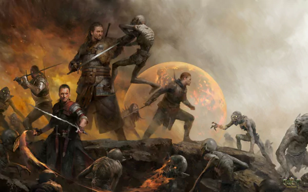 HD PC desktop wallpaper for the video game Gwent: The Witcher Card Game — raging battlefield with armed warriors and skirmishing monsters beneath an orange full moon.