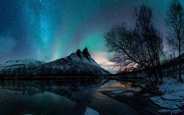 Earth Aurora Borealis Winter Snow Mountain Night Reflection Starry Sky Lake HD Wallpaper | Background Image