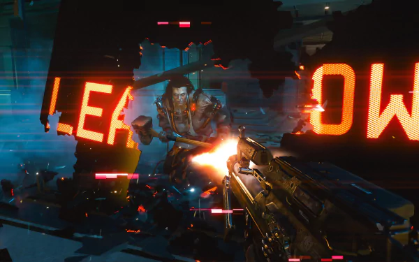 Cyberpunk 2077 video game 8K Ultra HD PC desktop wallpaper and background: first-person gunfire at a cybernetic enemy amid neon signs, rubble and glitch effects in a rainy futuristic cityscape.