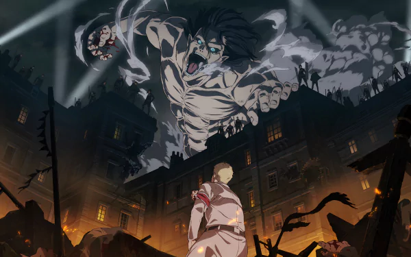HD wallpaper from Attack on Titan featuring a dramatic scene with Eren Yeager in Titan form confronting Reiner Braun amidst a chaotic city background.