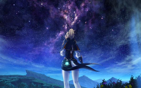 HD wallpaper featuring Jean from the video game Genshin Impact, standing under a stunning starry night sky, gazing into the cosmos.