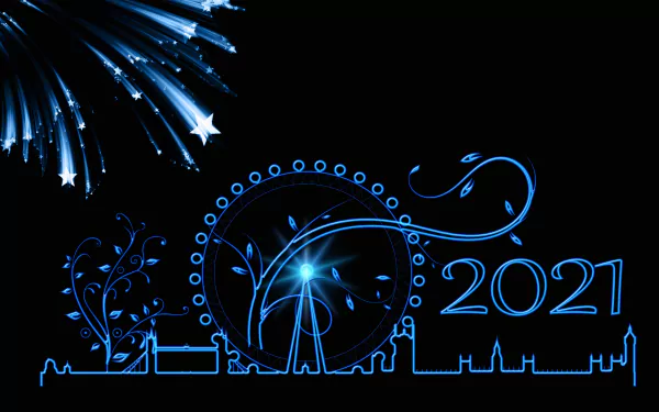 Vector-style 4K Ultra HD wallpaper of the London Eye ferris wheel with fireworks celebrating New Year 2021 over the London skyline.