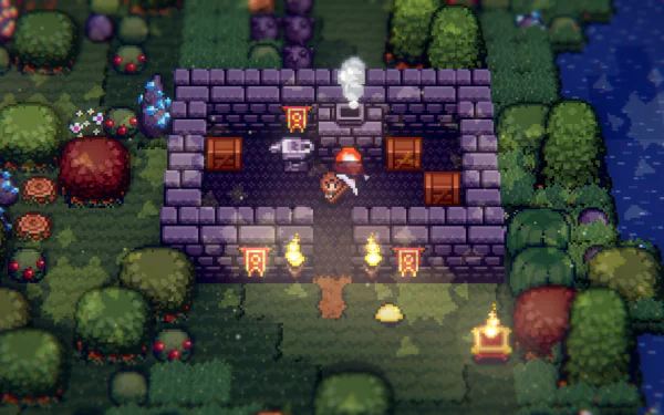 A cozy pixelated Tinkertown scene as a HD desktop wallpaper, featuring a character outside a stone house surrounded by trees and lanterns.