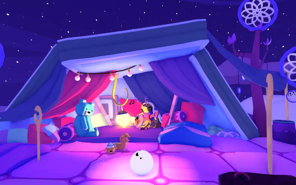HD desktop wallpaper from Phogs! depicting a colorful cartoon scene with whimsical creatures in a cozy tent under a starry night sky.