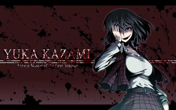 HD anime desktop wallpaper featuring Yuuka Kazami from Touhou, with dark red and black tones and her name stylized alongside the title Flower Master of the Four Seasons.