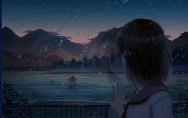 Anime girl with black hair gazes through raindrop-covered glass at a serene night mountain landscape, creating a moody HD desktop wallpaper atmosphere.