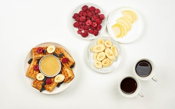 Food Breakfast Raspberry Coffee Berry Plate Banana Cup Fruit Honey Waffle HD Wallpaper | Background Image