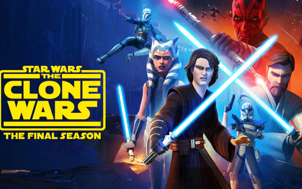 HD desktop wallpaper featuring Darth Maul, Ahsoka Tano, Obi-Wan Kenobi, and Anakin Skywalker wielding lightsabers from Star Wars: The Clone Wars (2008) TV show.