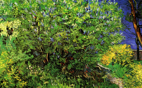 Artistic HD desktop wallpaper featuring a vibrant lilac bush and lush grass, inspired by Vincent Van Gogh's expressive painting style.