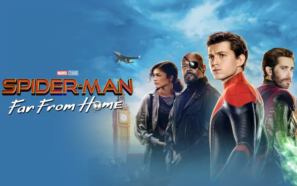 4K Ultra HD Spider-Man: Far From Home wallpaper featuring Tom Holland as Peter Parker, Zendaya as MJ, Nick Fury, and Mysterio against a London skyline backdrop.