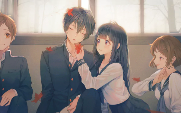 sleeping purple eyes brown eyes brown hair black hair school uniform Satoshi Fukube Mayaka Ibara Eru Chitanda Hōtarō Oreki Anime Hyouka HD Desktop Wallpaper | Background Image
