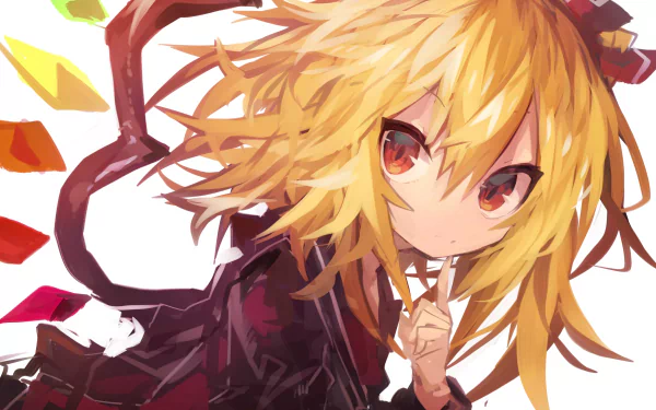 Flandre Scarlet (Touhou) — 4K Ultra HD anime PC desktop wallpaper: blonde, red‑eyed girl in a dark dress, finger to her lips, multicolored crystal fragments forming a wing.