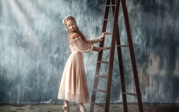 dress blonde ballerina ladder woman mood HD Desktop Wallpaper | Background Image