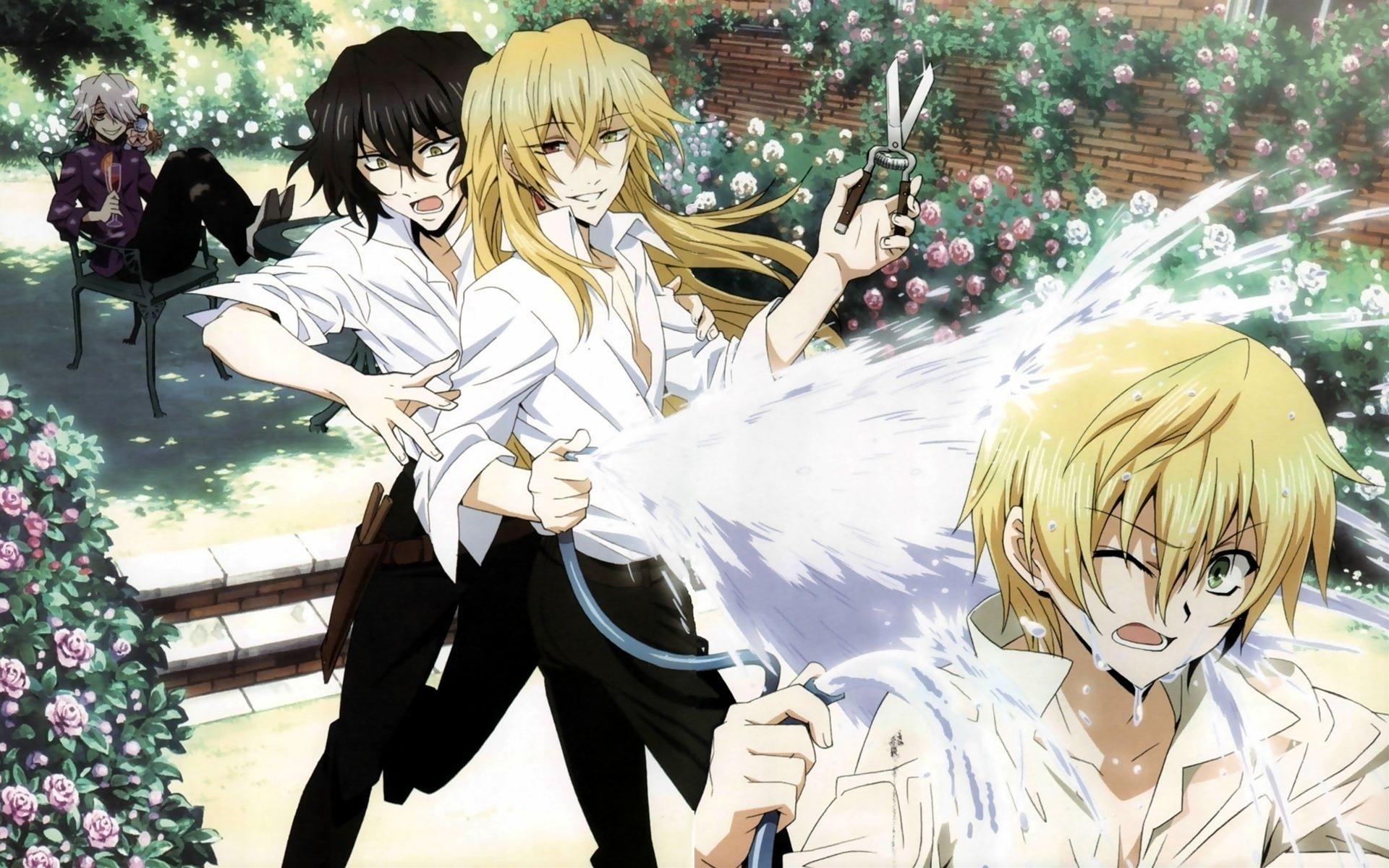 Anime characters from Pandora Hearts - Vincent, Oz, Gilbert, Xerxes, and Emily - gathered in a desktop wallpaper.