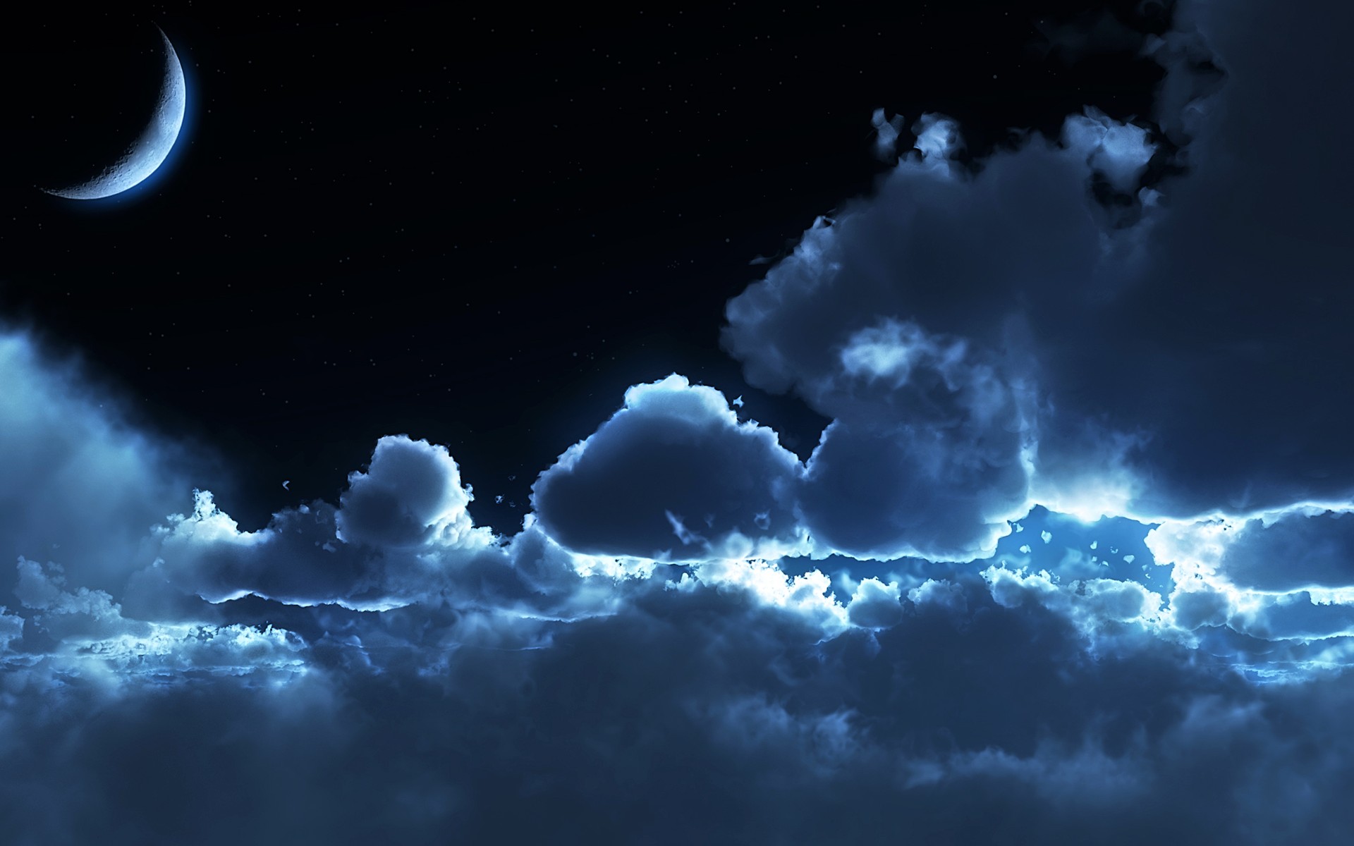 Horrific night desktop wallpaper with moon, clouds, and dark sky.
