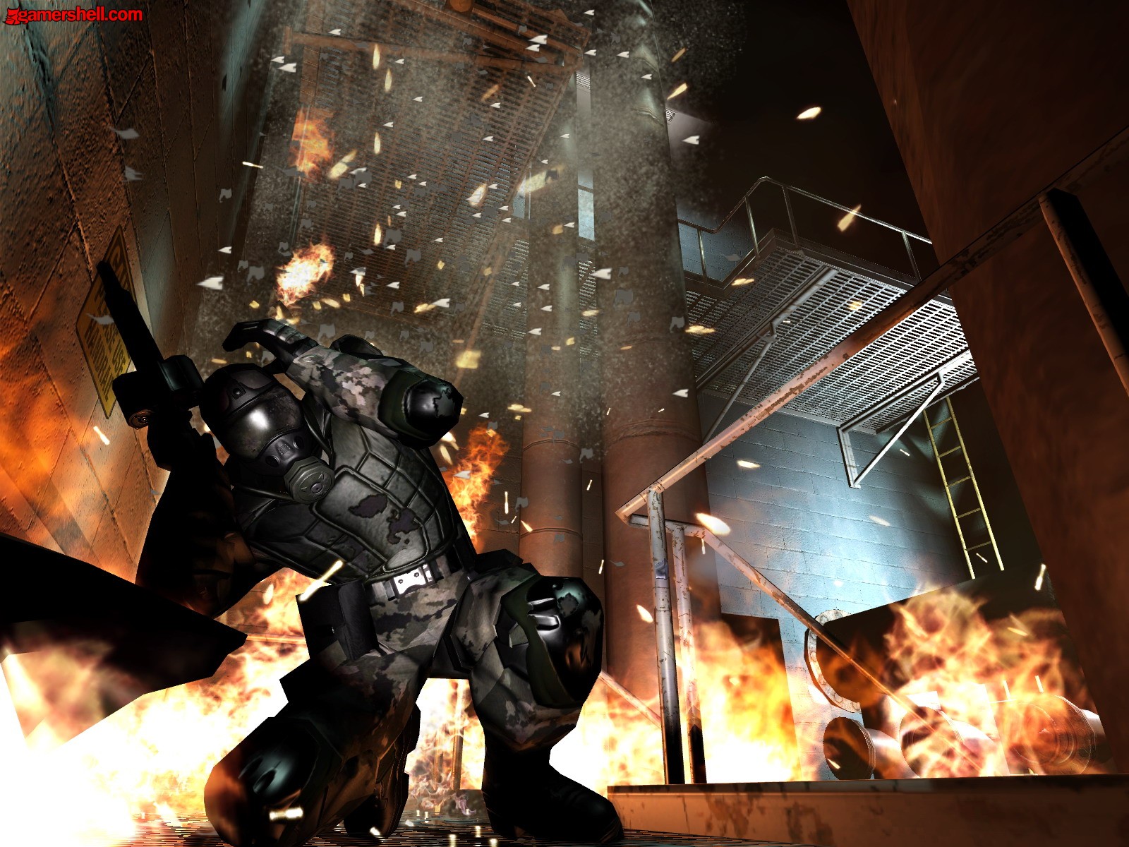 Soldier wearing a mask amidst a fiery explosion with bombs and rifles, from the F.E.A.R. video game.