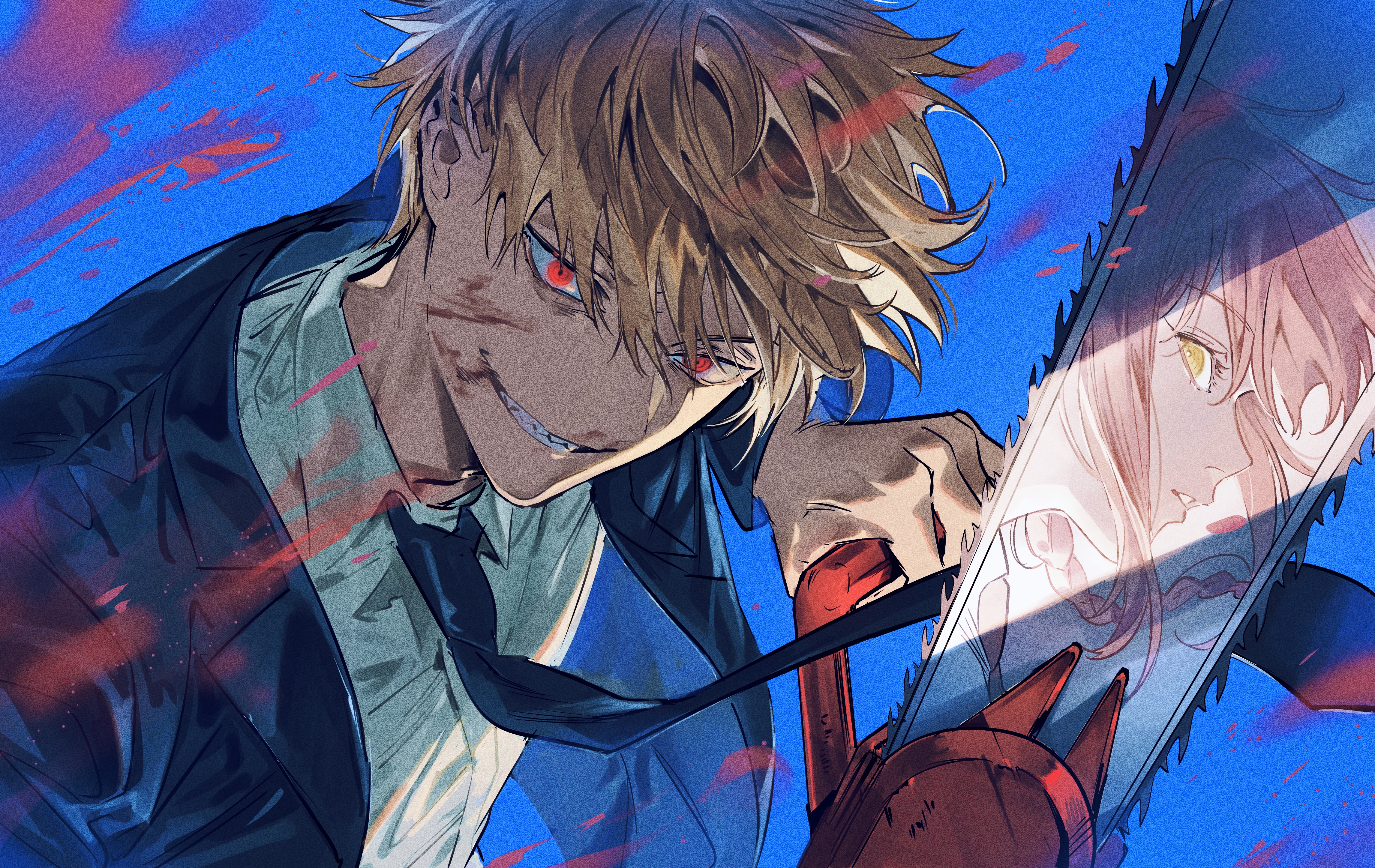 HD wallpaper featuring Denji and Makima from Chainsaw Man, depicted in an intense and colorful anime art style.