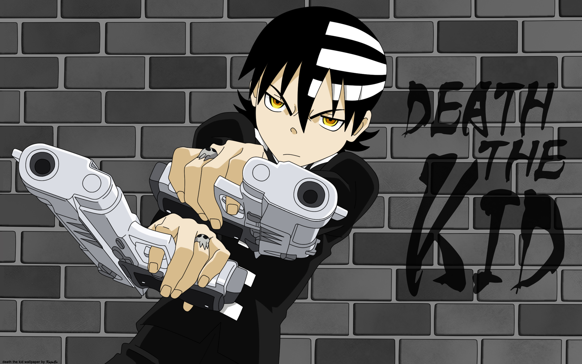 Soul Eater character Death the Kid on a vibrant anime-inspired desktop wallpaper by KujaEx.