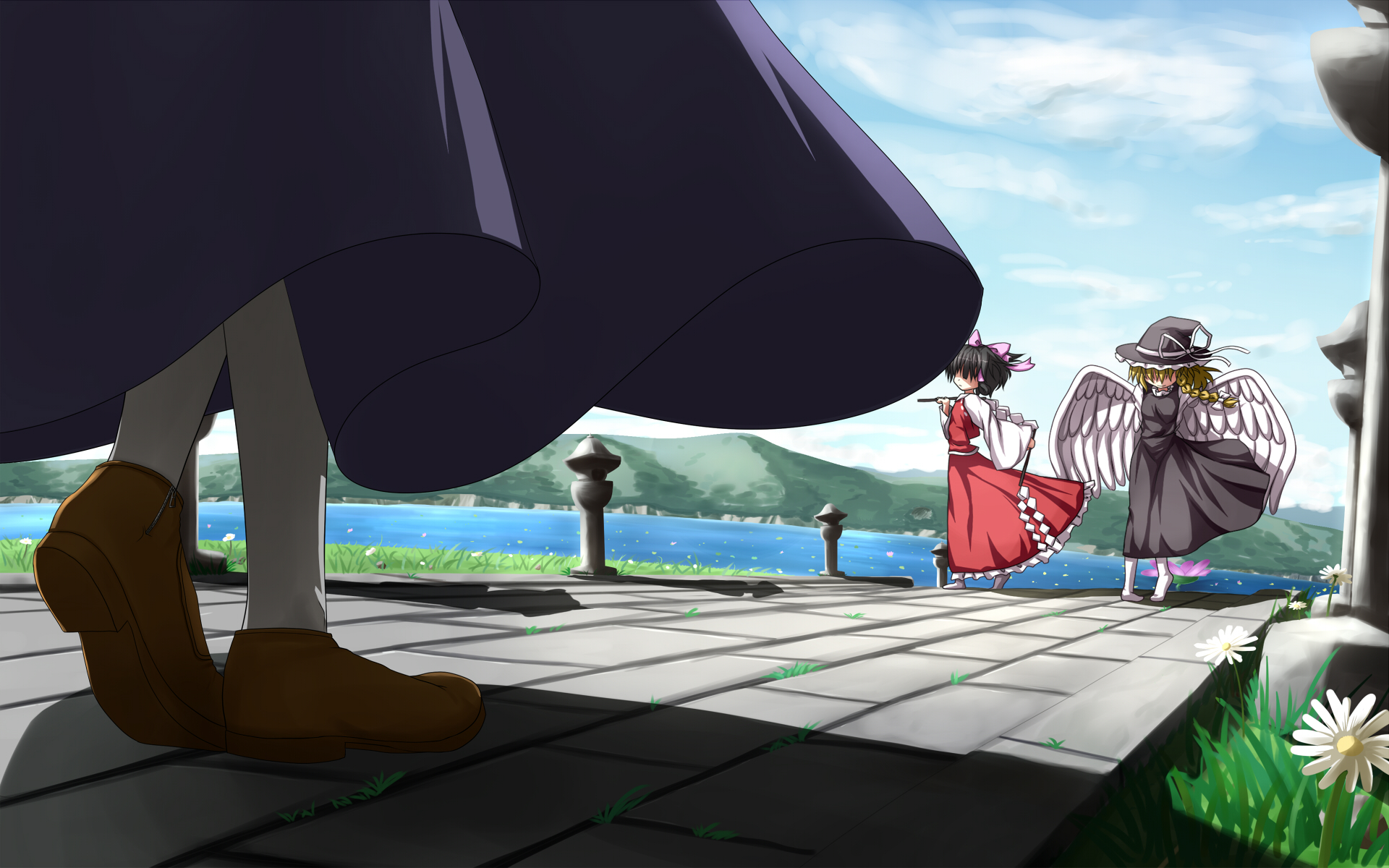 Anime desktop wallpaper featuring Reimu Hakurei, Marisa Kirisame, and VIVIT from Touhou.