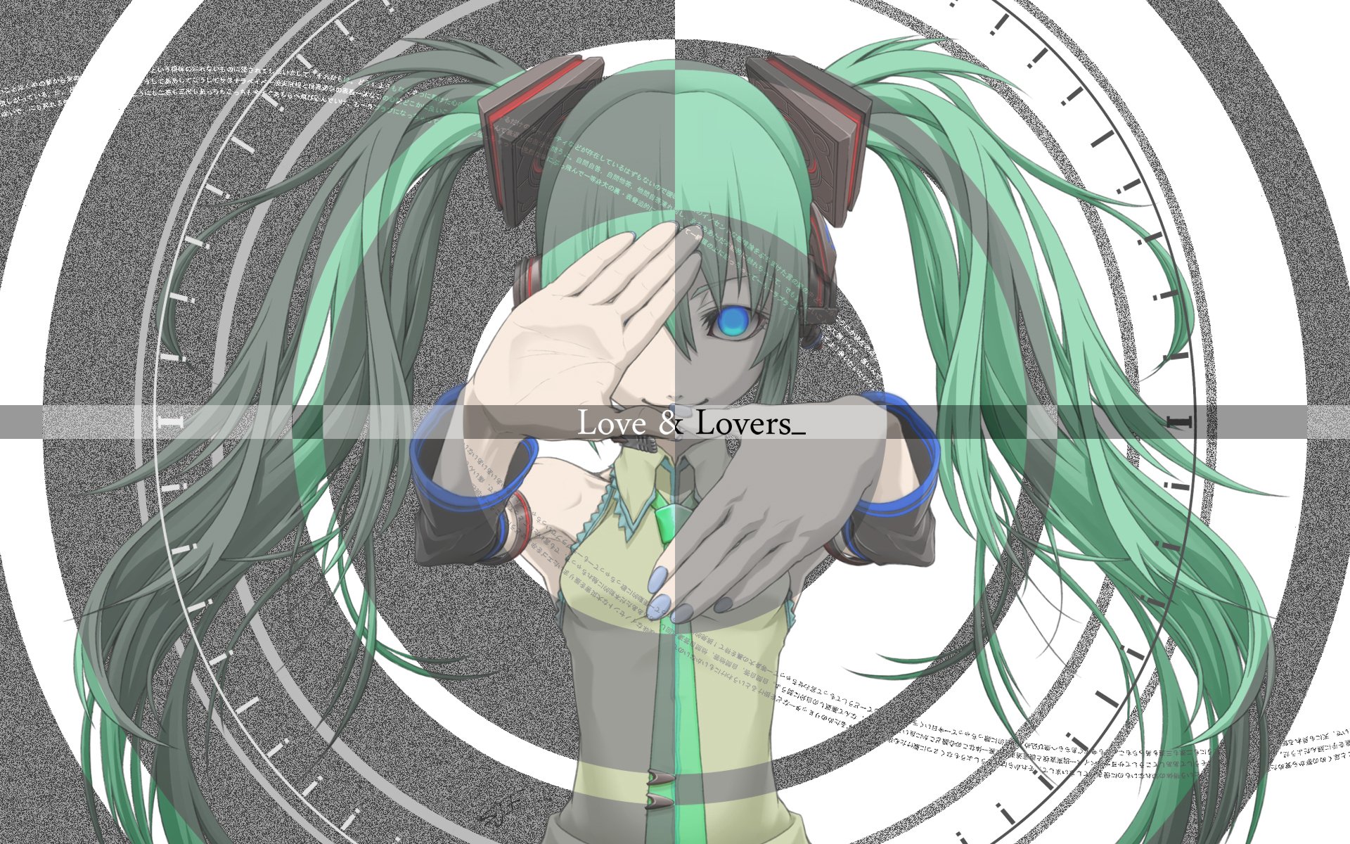 HD PC desktop wallpaper featuring Hatsune Miku, the iconic Vocaloid anime character, with teal twin-tails and headphones, framed by a clock-like design and the text Love & Lovers.