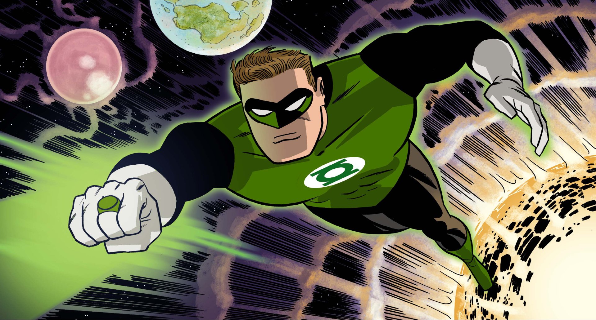 HD PC desktop wallpaper featuring Hal Jordan as Green Lantern from DC Comics, depicted flying heroically through space with planets in the background.