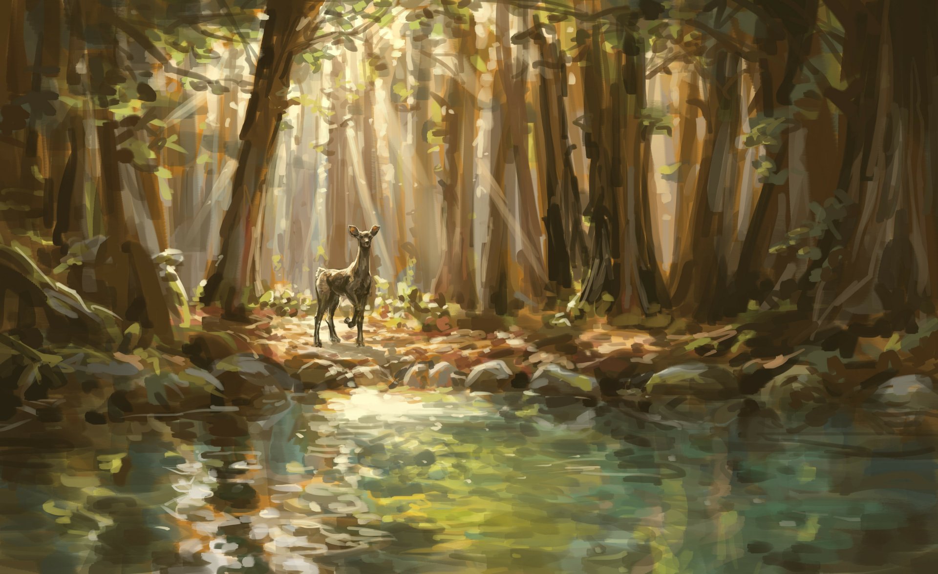Artistic 4K Ultra HD desktop wallpaper depicting a fawn standing by a reflective forest stream, surrounded by towering trees and soft, dappled sunlight.