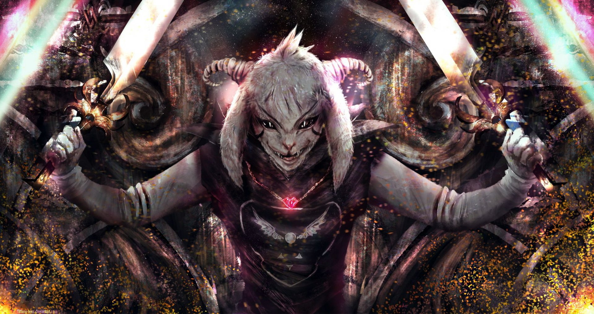 Dark, intense HD PC desktop wallpaper of Asriel (Undertale): horned, white-furred figure clutching two glowing blades, heart emblem on chest, ornate shadowed background, video game art.