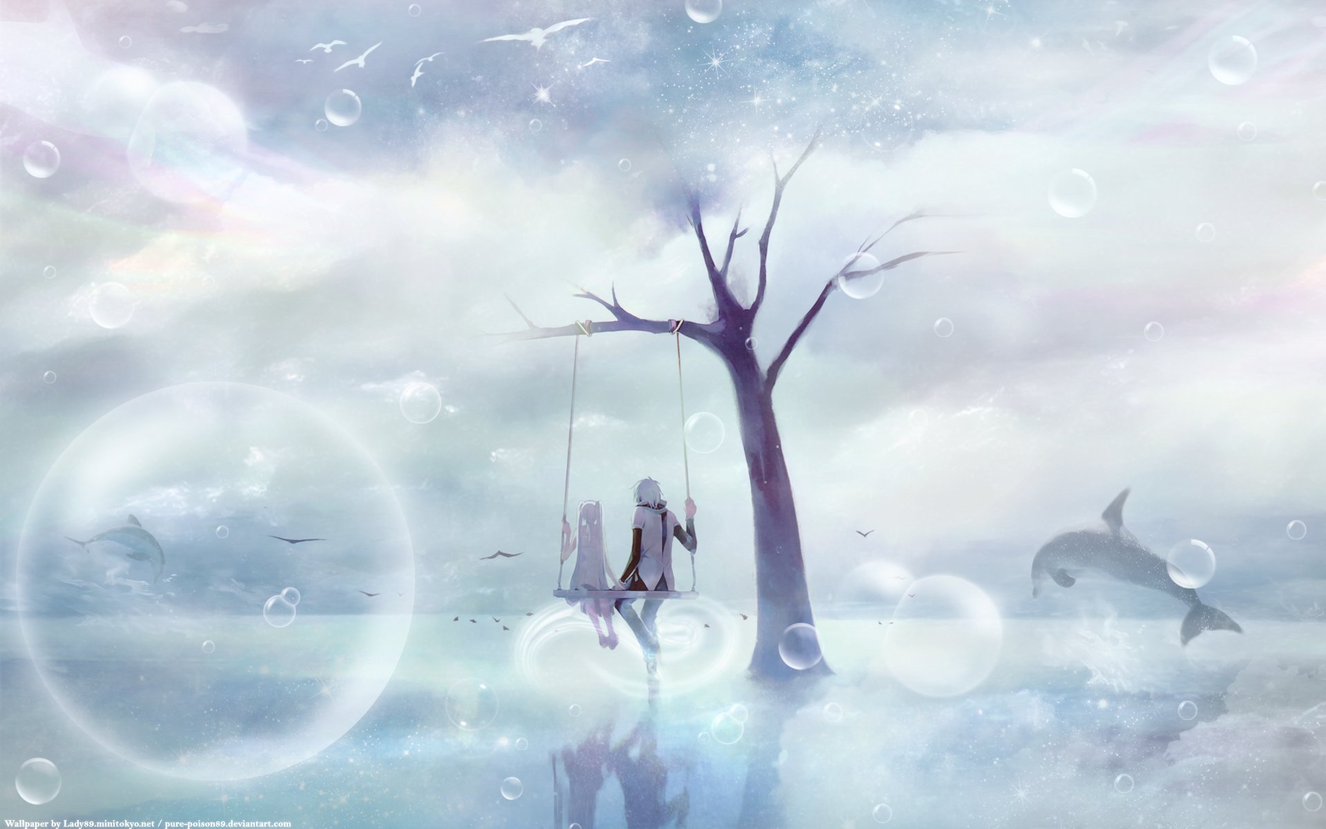 A serene HD wallpaper featuring Kaito from Vocaloid swinging on a tree by a tranquil sea, with dolphins and soft clouds enhancing the dreamy, anime-inspired atmosphere.