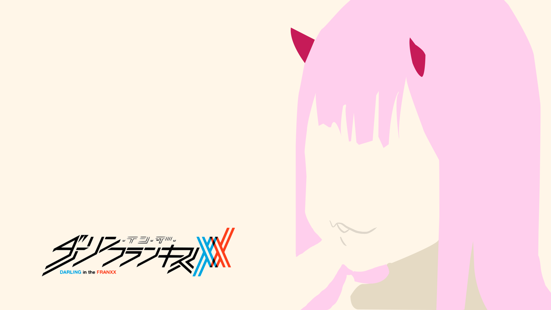 Minimalist vector 4K Ultra HD PC wallpaper: Zero Two (Darling in the FranXX) faceless pink-haired anime portrait with small red horns and the series logo on a pale background.