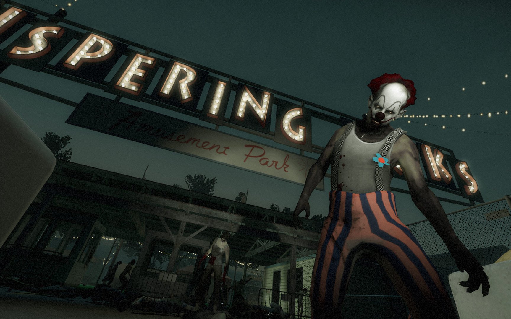 HD desktop wallpaper of a red, white, and blue carnival-themed zombie clown from the video game Left 4 Dead 2, set at night near a flickering amusement park sign.