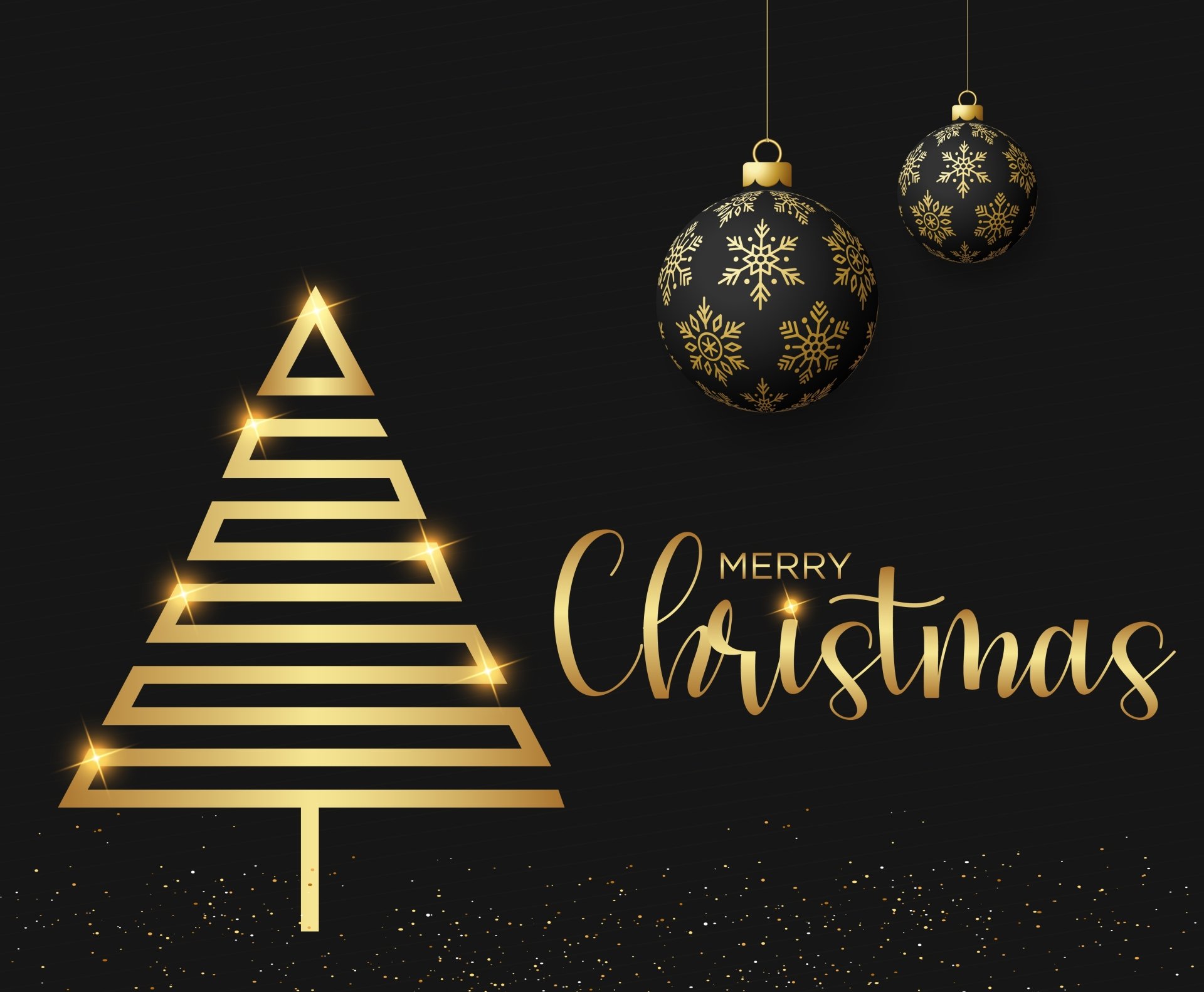 Merry Christmas holiday 4K Ultra HD PC wallpaper — black background with a minimalist gold striped tree, two patterned gold baubles and elegant Merry Christmas script.