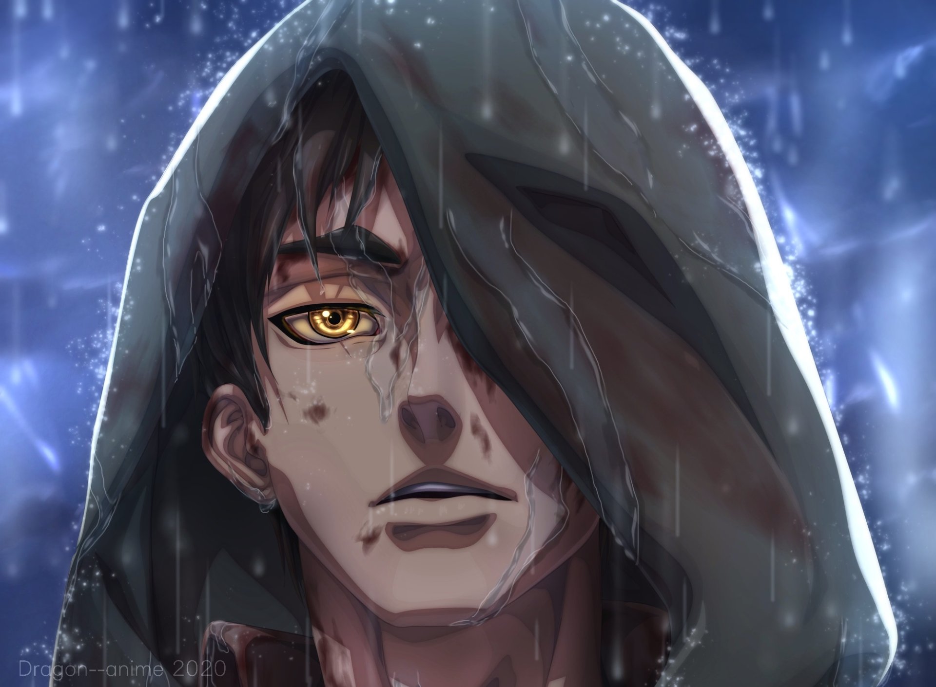 HD anime wallpaper of Eren Yeager from Attack on Titan, featuring intense yellow eyes and a dark hooded cloak against a moody, rainy background.