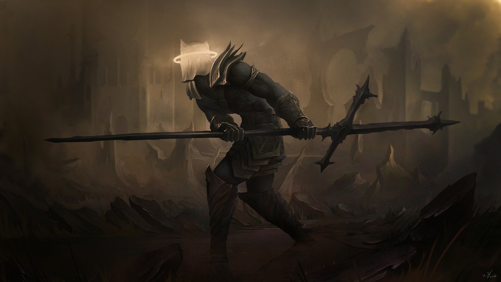 HD fantasy PC desktop wallpaper featuring a dark angel warrior clad in armor, holding a long spear against a moody, shadowy battlefield background.