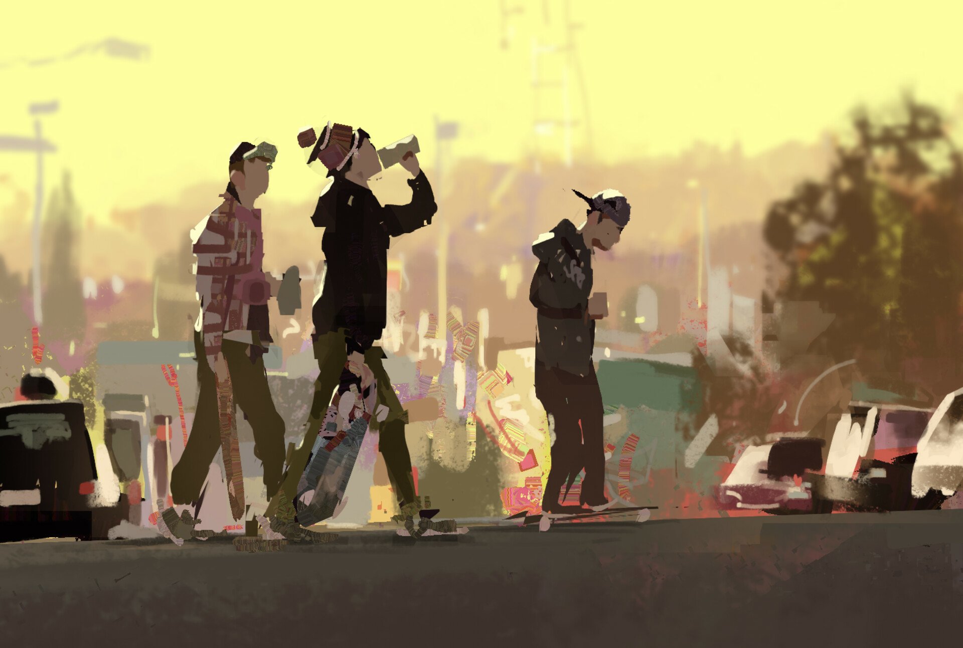 Artistic street art HD PC desktop wallpaper: stylized painting of four people skateboarding across a sunlit urban street with cars and a blurred cityscape in warm tones.