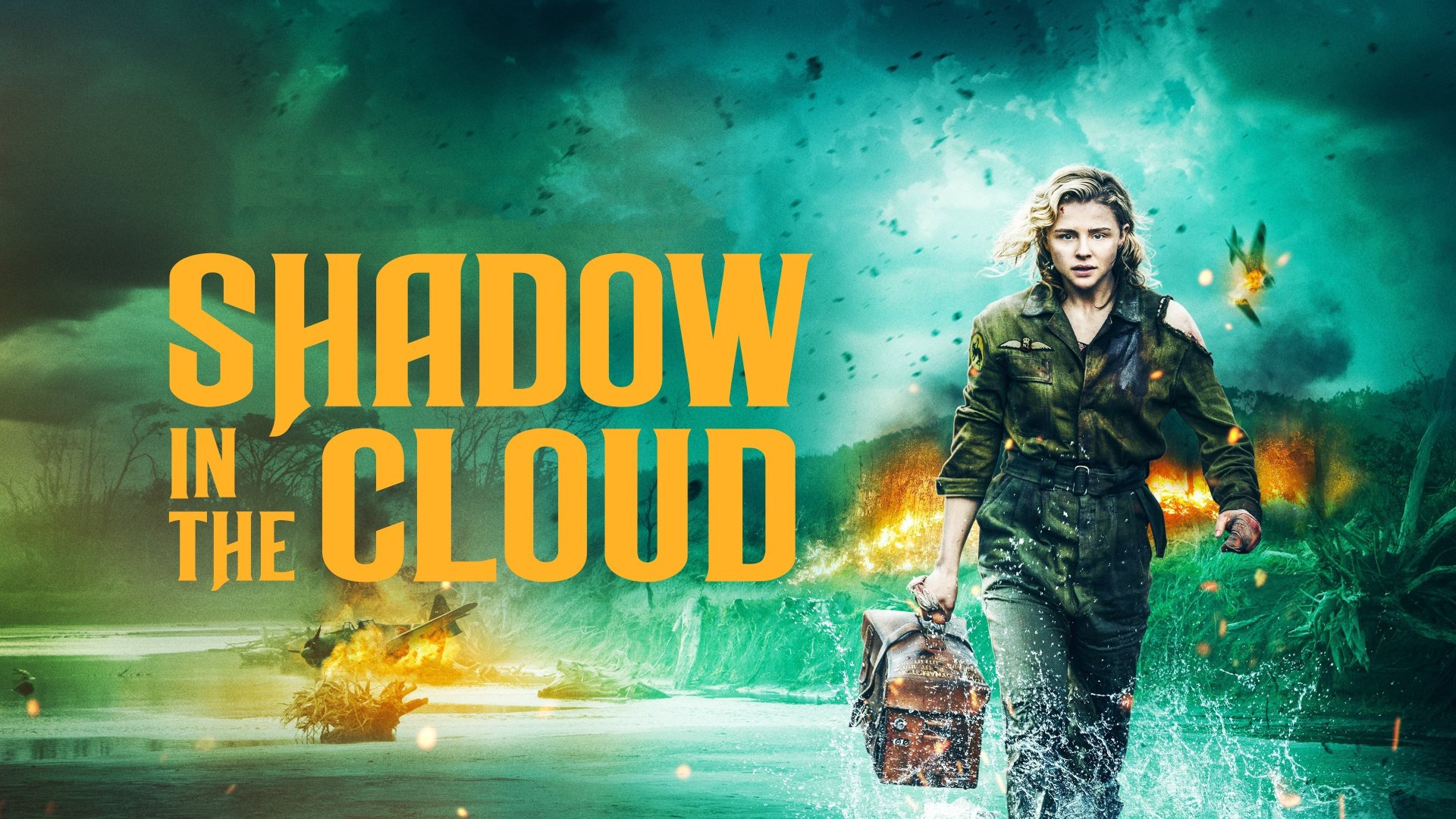 Shadow in the Cloud movie 4K Ultra HD PC desktop wallpaper — woman in a flight jacket wading through water with a bag as explosions and a stormy sky erupt behind her.